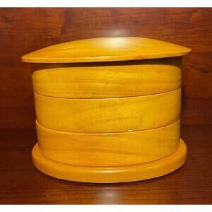 3 Tier Oval Wooden Swivel Jewelry Box Light Brown With Lined Drawers